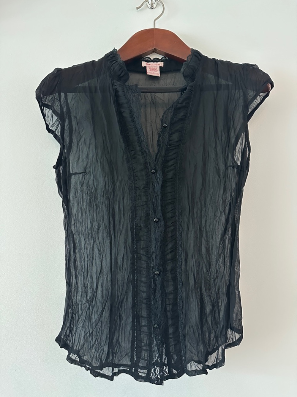 Fire Los Angeles Black Sheer Ruffle-Trim Cap Sleeve Blouse